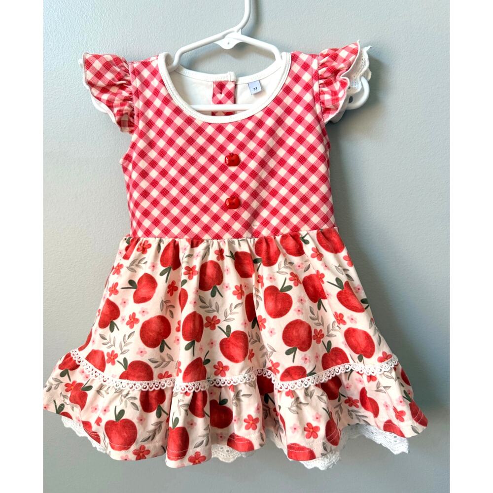 Always in Bloom Clothing Co. Vintage Apple Tunic Twirl Dress Apple Buttons Sz 3T